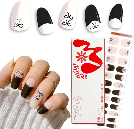 Kijibae Semi Cured Gel Polish Strips | 24pc UV LED Required Wraps | Gift Peel and Stick Nails | Coquette DIY Home Manicure | Press On Alternative (Knot Yours)
