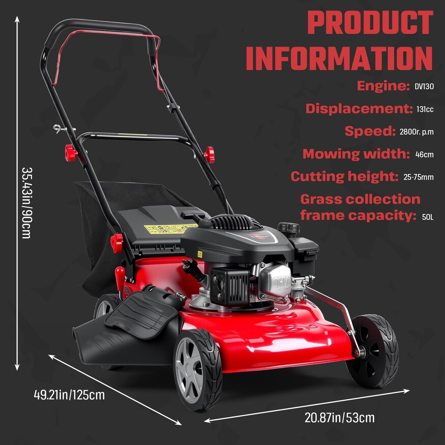 131cc Gas Lawn Mower, Self-Propelled Rear-Wheel Drive, 18 Inch Cutting Width, 50L Grass Bag, 3-in-1 Mulching/Side Discharge/Rear-Bagging, Lightweight Push-Button Start Mower for Thick Slopes Red