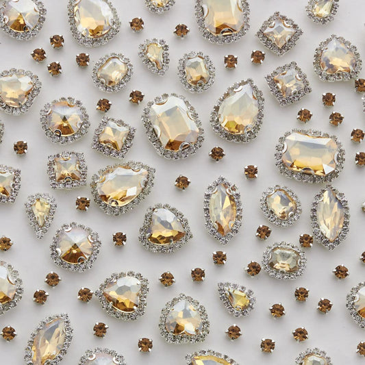 TANOSII Sew on Rhinestones 100 PCS Mixed Shapes Glass Rhinestones Sew on Crystal Gems Mental Flatback with Silver Claw for Jewelry Crafts Clothes Shoes Costume Garment Champagne Type 1