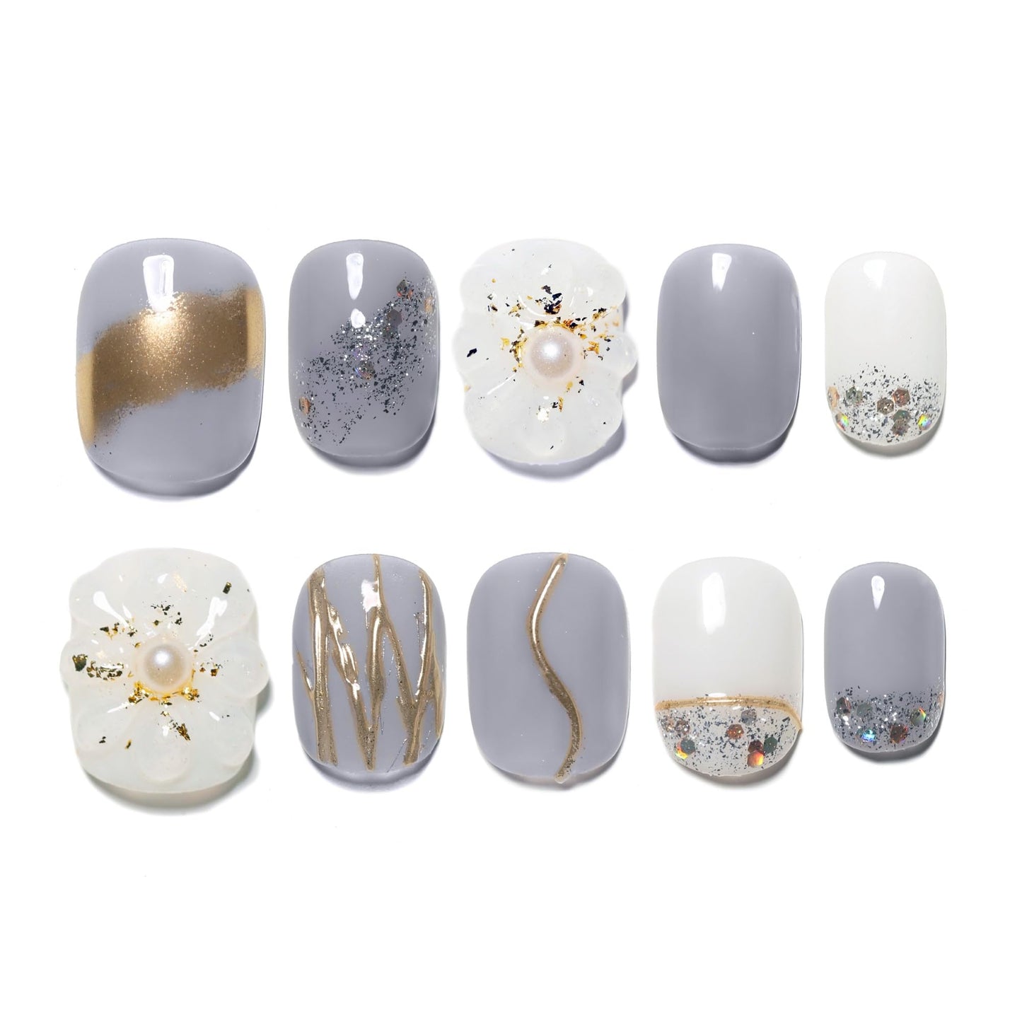 Sun&Beam Nails Handmade Press-on Short Square Round Flower Artistic Gold White Hand-drawn Design Fashionable False Nail Tips 10 Pcs Set (#166 S)