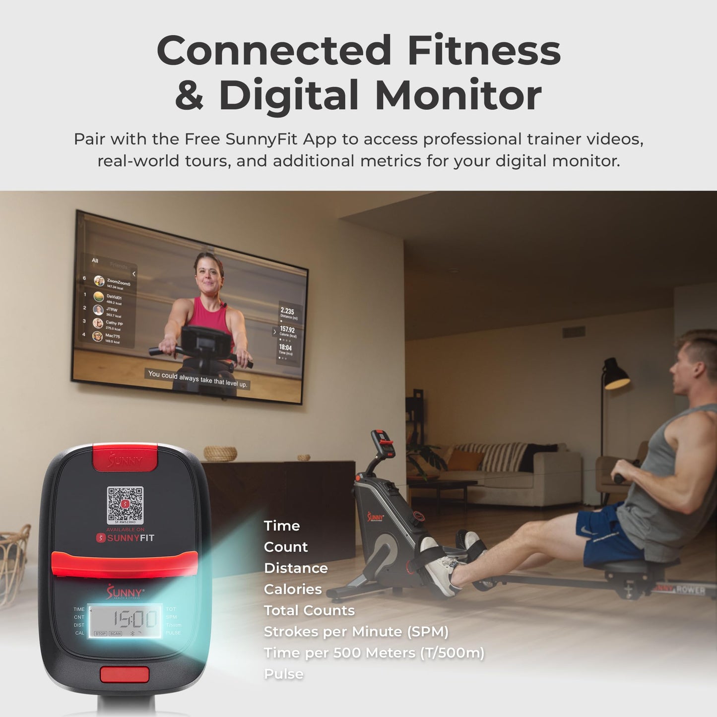 Sunny Health & Fitness Smart Compact Magnetic Rowing Machine with Stainless Steel Slide Rail – Magnetic Resistance Rower for Low-Impact Full-Body Workouts and Users up to 300 LB - SF-RW523043
