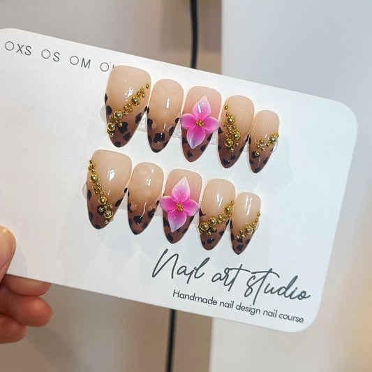 TENPAL 10-Piece Almond Press-On Nails Kit,Sexy Leopard French Tips Fake Nails with 3D Gold Beads & Pink Flowers,Brown Y2K Nails for Women, Edgy Yet Cute Daily Wear False Nails with All Tools(L)