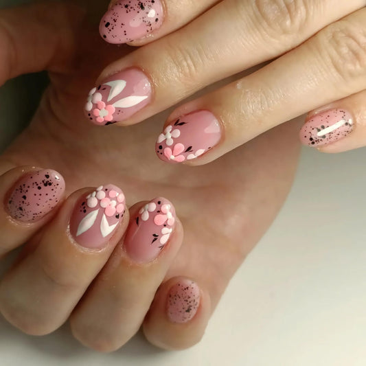 BABALAL Pink Press On Nails, Short Round Fake Nails, With Floral & Rabbit Anime Design, Easter Cute Glossy Full Cover Glue On Nails For Women And Girls 24Pcs
