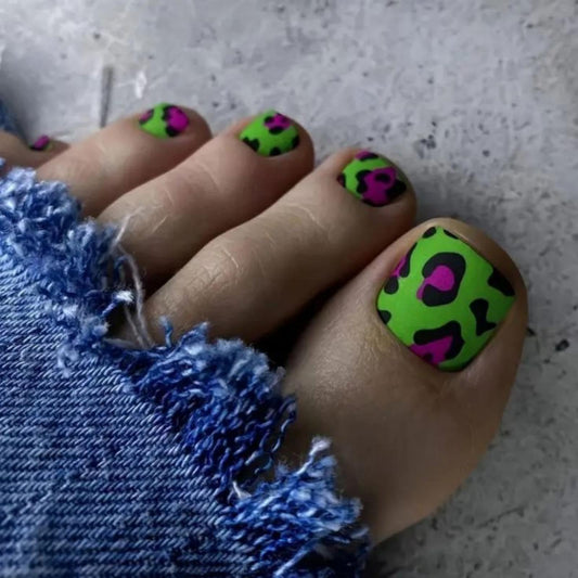 Red Black Leopard Press on Toenails Short Square Glue on Toenails with Green Design Summer Fake Toe Nails Spring False Toenail Reusable Full Cover Stick on Toenail for Women Girls Manicure 24Pcs
