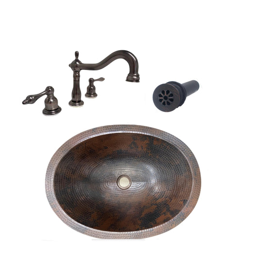 SimplyCopper 19" Oval Rustic COMBO Copper Bath Sink with Daisy Drain & 2-Handled Faucet in ORB