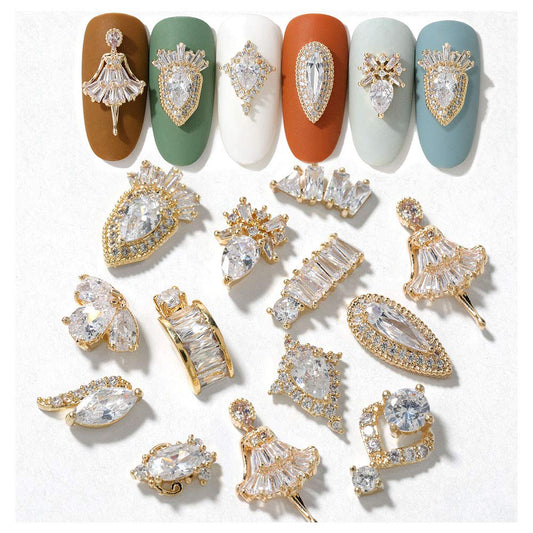 HNUIX Nail Charms and Gems - Gold Copper Zircon, Multiple Shapes 3D Dangle, Metal Jewelry Rhinestones Charms, 21 Pieces