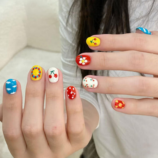 Short Press on Nails Almond Fake Nails Red Artificial Nail Multicolor Spring Cute Stick on Nail for Women 24pcs