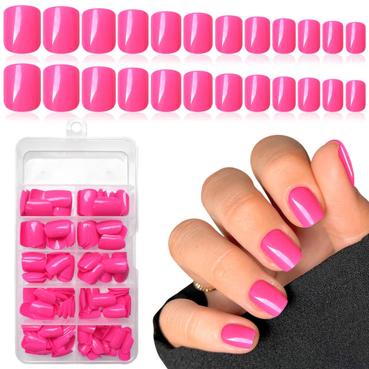 LuckForever Short Press on Nails 240pc Glossy Hot Pink Press on Nails Short Square Round Fake Nails Full Cover 10 Sheets Nail Adhesive Tabs,Small Wooden Sticks and Nail Files False Nails for Women