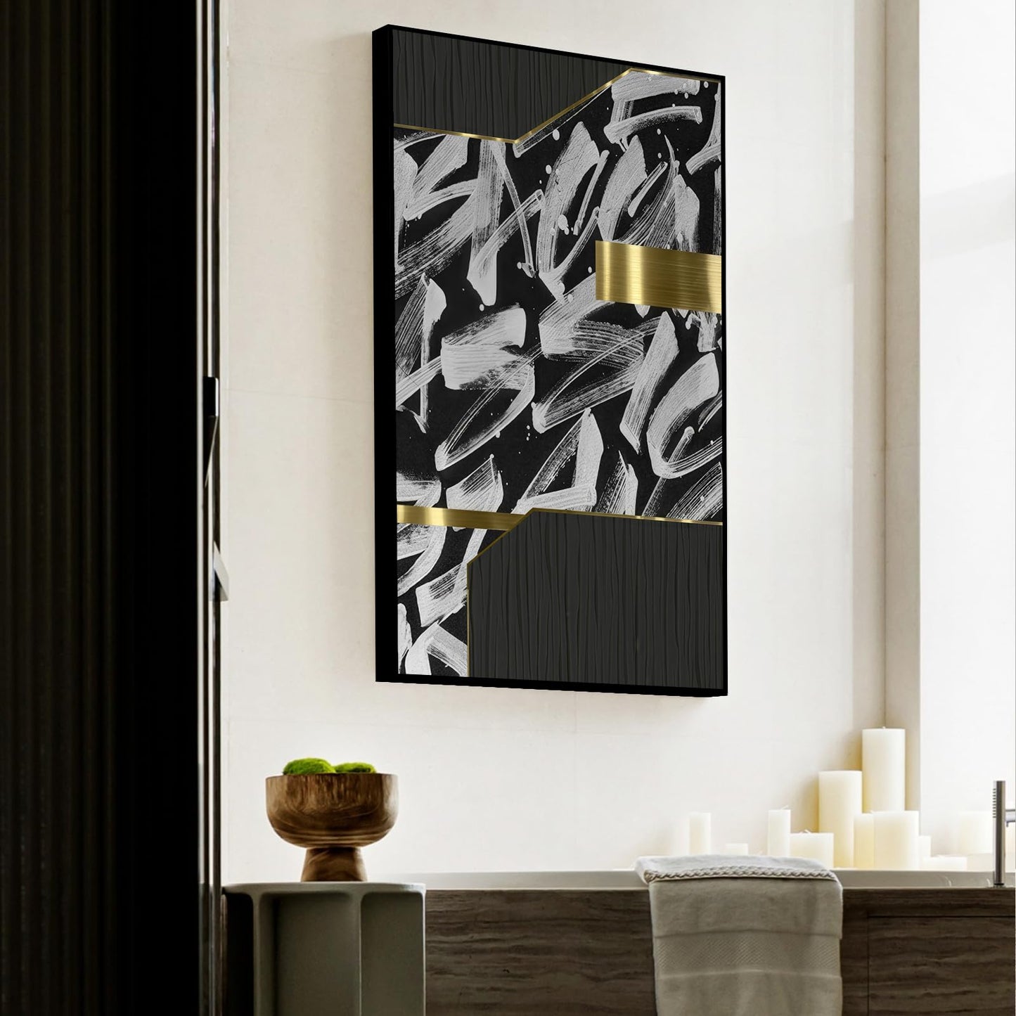 QKF bright abstract geometric wall decoration, modern minimalist black and white wall art, suitable for bedroom, living room, bathroom, office, home poster printing 16 "X 24" inch 3-piece set