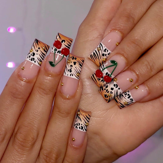 MISUD Press on Nails - Long Square Fake Nails with Orange Ombre, Acrylic Animal Cherry Design 24 pcs