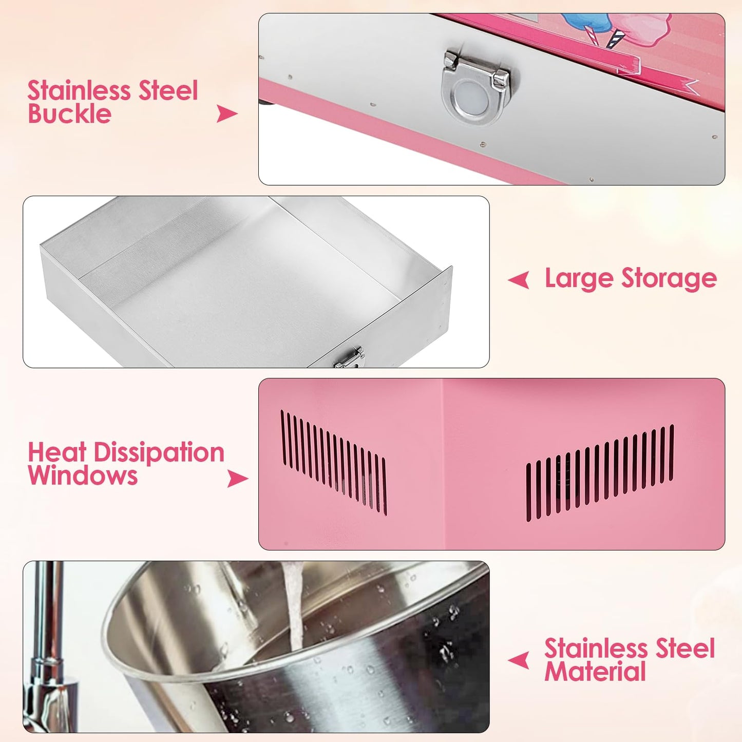 Candy Cotton Machine for Kids, Electric Commercial Candy Cotton Maker with 20 in Stainless Steel Bowl for Home Family Party Festival Pink