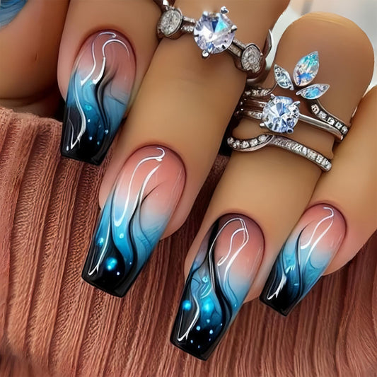 SINHOT Coffin Press on Nails - Long Fake Nails, Glossy Finish, Black Flame & Blue Gradient, DIY Artificial False Nail Art - 24 Pcs Nail Kit with Glue