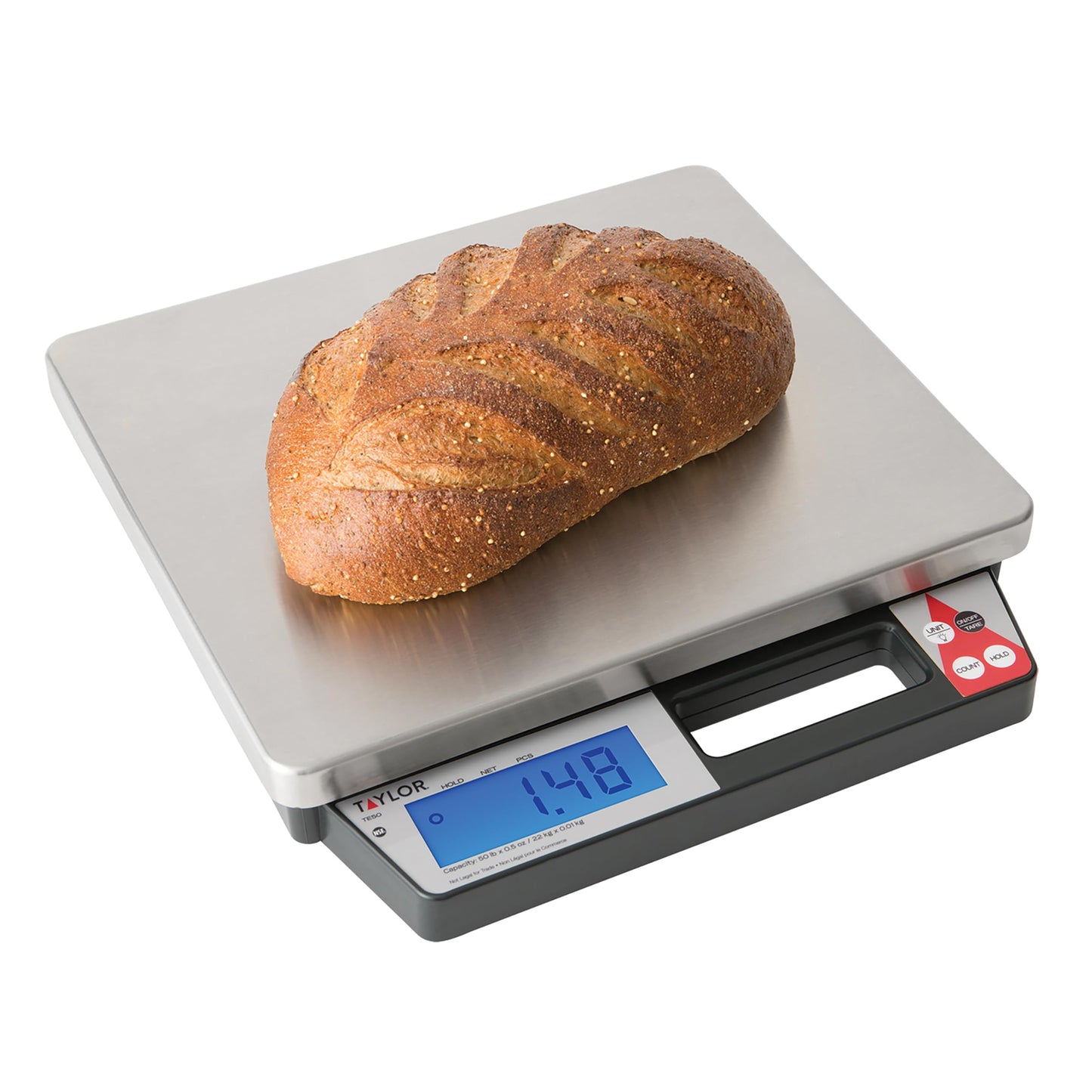 Taylor TE50 50-Pound Digital Portion Control Food Scale with Handle, Inventory, Postal, and Bulk Portioning Scale, Tare and Hold Function, NSF, Stainless Steel Platform
