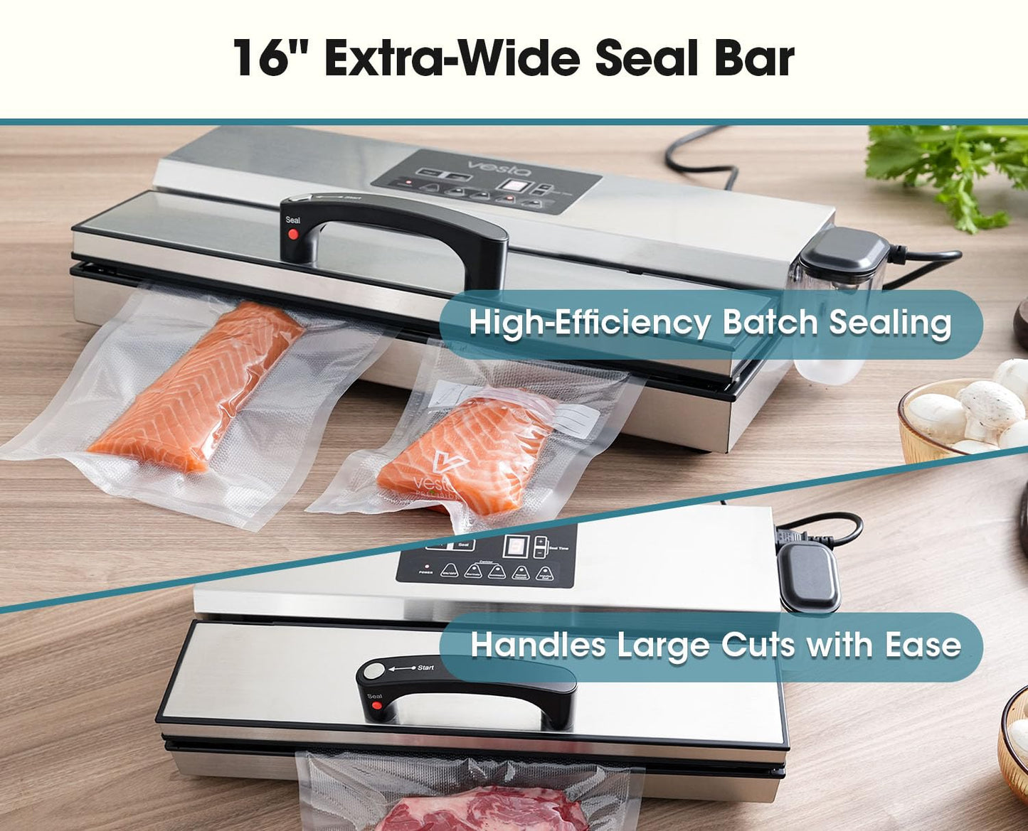 Vesta Precision 16'' Commercial Vacuum Sealer Machine for Moist Foods, 95kPa Heavy Duty Meat Sealer with Dual Vacuum Pumps & Auto Cooling, Adjustable Sealing and Vacuum Time Control, Stainless Steel