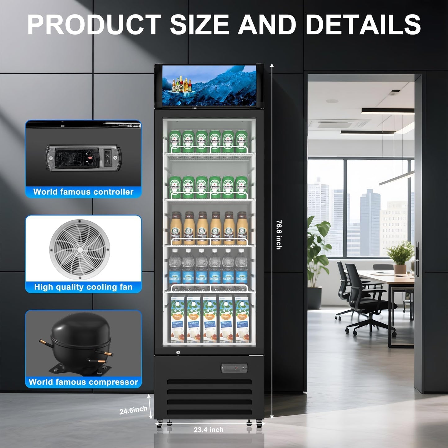 Rockitch Commercial Beverage Refrigerator with 1 Glass Door, 12.3 Cu.ft Commercial Upright Display Merchandiser, Drink Cooler Fridge with LED Light, Lock Wheels for Bar, Shop, ETL Approved