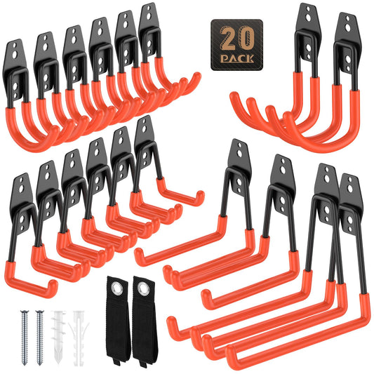 YouthZeal 20 Pack Garage Hooks, Heavy Duty Steel Wall Mount Utility Hangers with Anti-Slip Coating for Hanging Bikes, Ladders, Power Tools, and Garden Equipment
