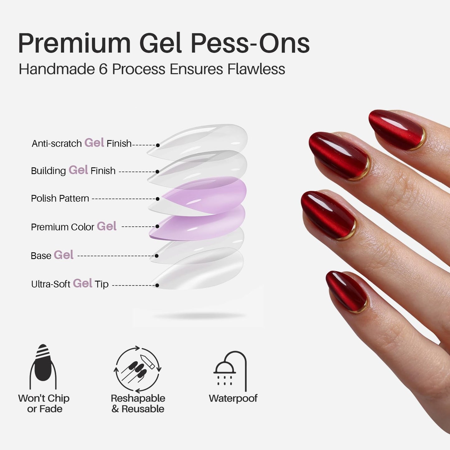 Dark Red Cat Eye Press on Nails Almond - SHANGMENG Soft Gel 3D Gold Foil Short Nails for Women Gift, Glossy Glue on Nails with Glue in 16 Sizes - 32 Reusable Fake Nails, Champagne & Cherries