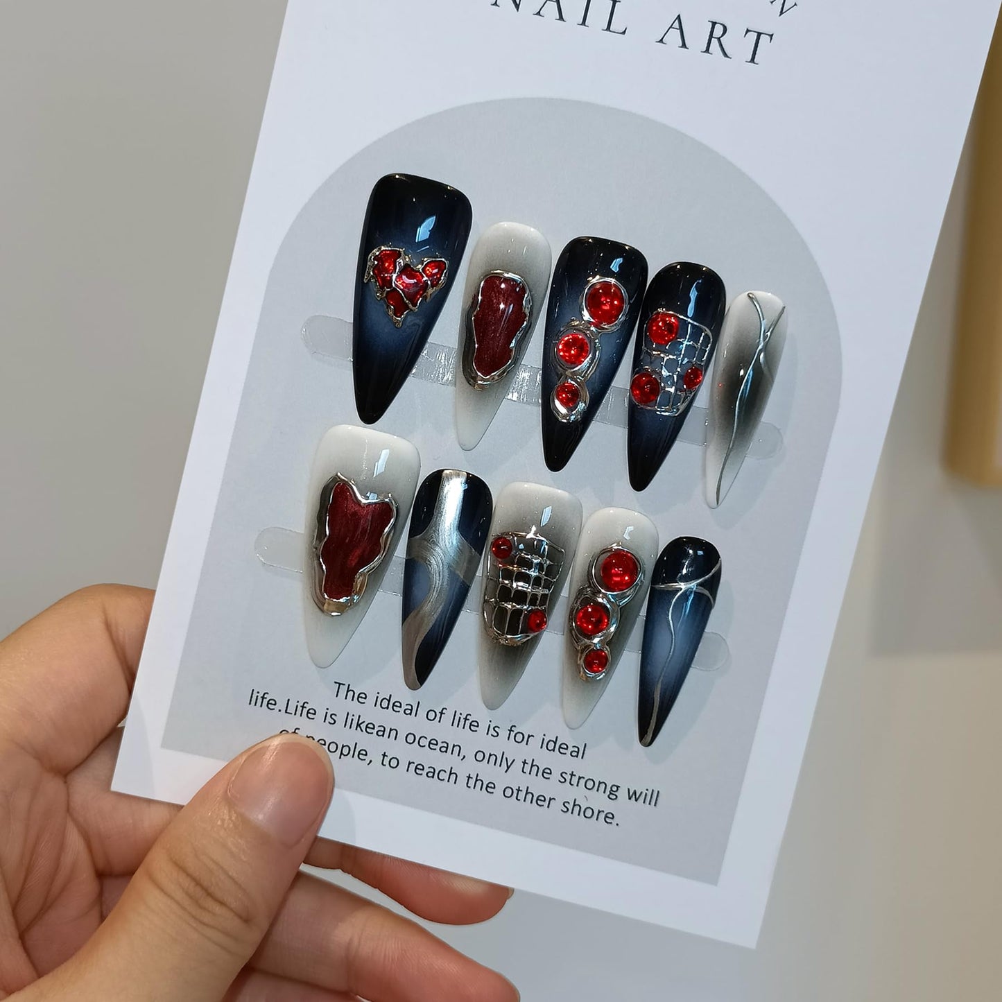 TENPAL Halloween Vampire Nails,Gothic Press On Nails Long Stiletto With Tools,Black Dark Ombre Fake Nails with Red Gems,10Pcs Hand-Painted Glossy Acrylic Glue on Nails for Women Parties Events(S)