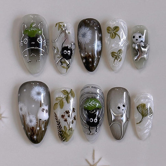 Mkwntg 24Pcs Halloween Press on Nails Medium Fake Nails with 3D Silver Chrome Design Black Cat Dandelion Cute Ghost Acrylic False Nails Ginkgo Leaf Y2K Full Cover Stick on Nails for Manicure DIY