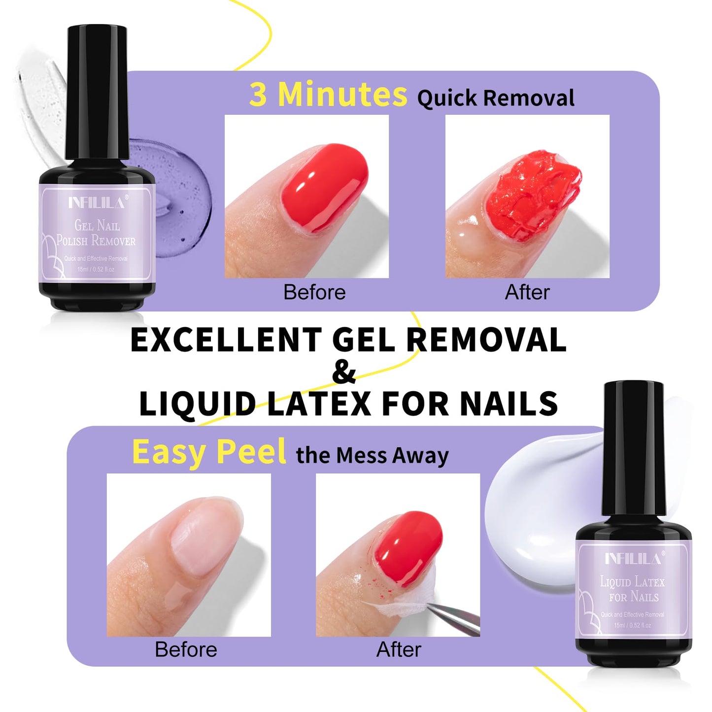NXJ INFILILA Gel Nail Polish Remover Kit, 5-in-1 Set with Liquid Latex for Nails & Cuticle Oil Wipes, Acetone Free Formula for At Home Use, Fast Acting, No Soaking or Wrapping, Cuticle Protectors