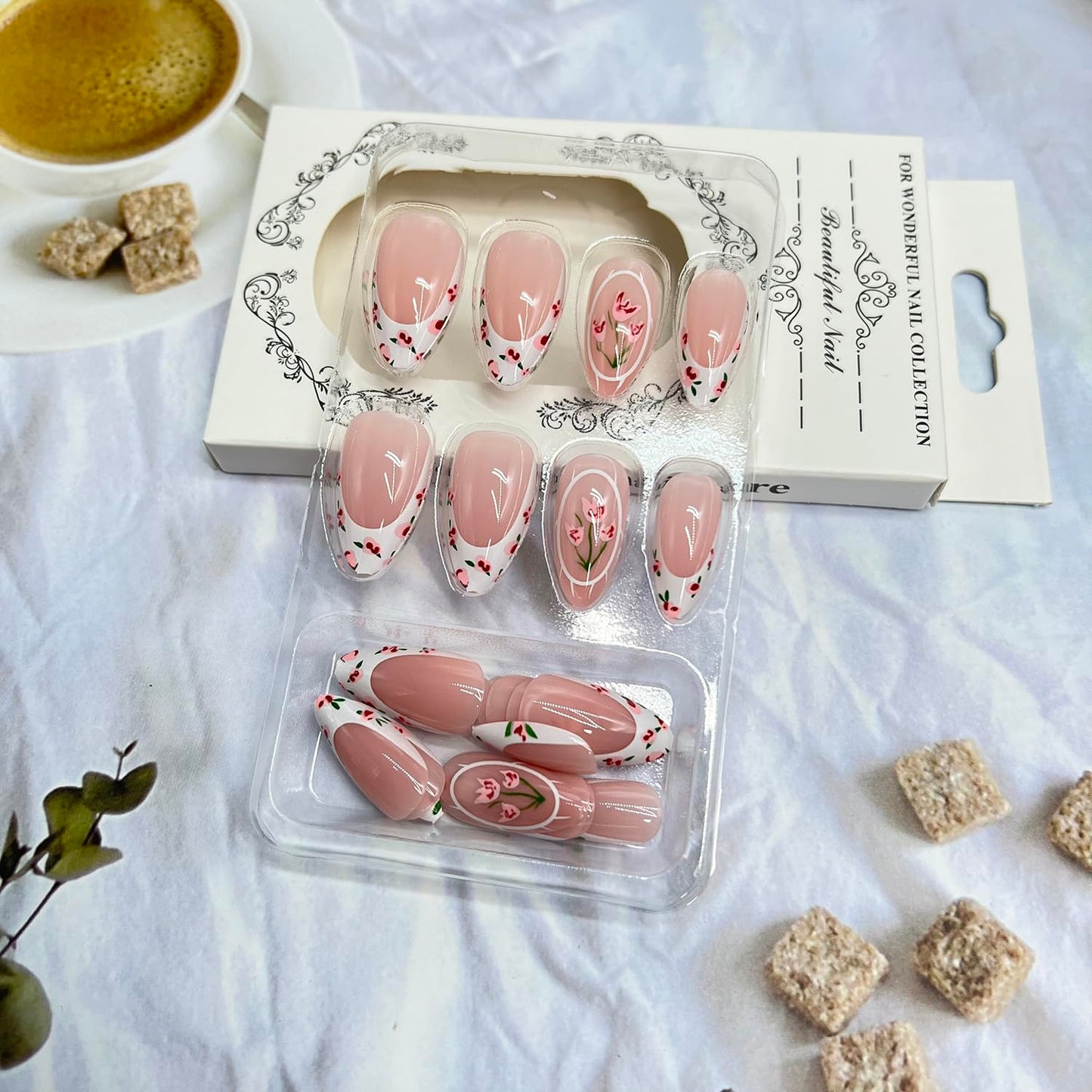 Pink Flower Press on Nails Medium Almond Fake Nails with Pink Tulip Design White French Tip False Nail Spring Full Cover Glossy Stick on Nail For Women Manicure 24 Pcs