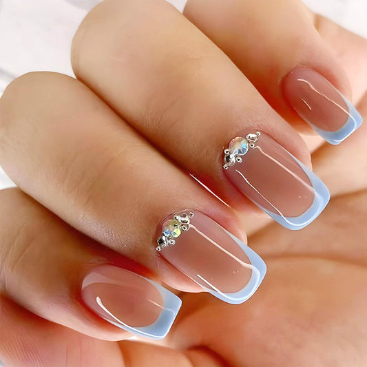 Blue French Tip Press On Nails Short Square Fake Nails with Rhinestones Summer Glossy False Nails Reusable Acrylic Stick On Nails for Women Daily Home Office Party Wedding Travel Gifts