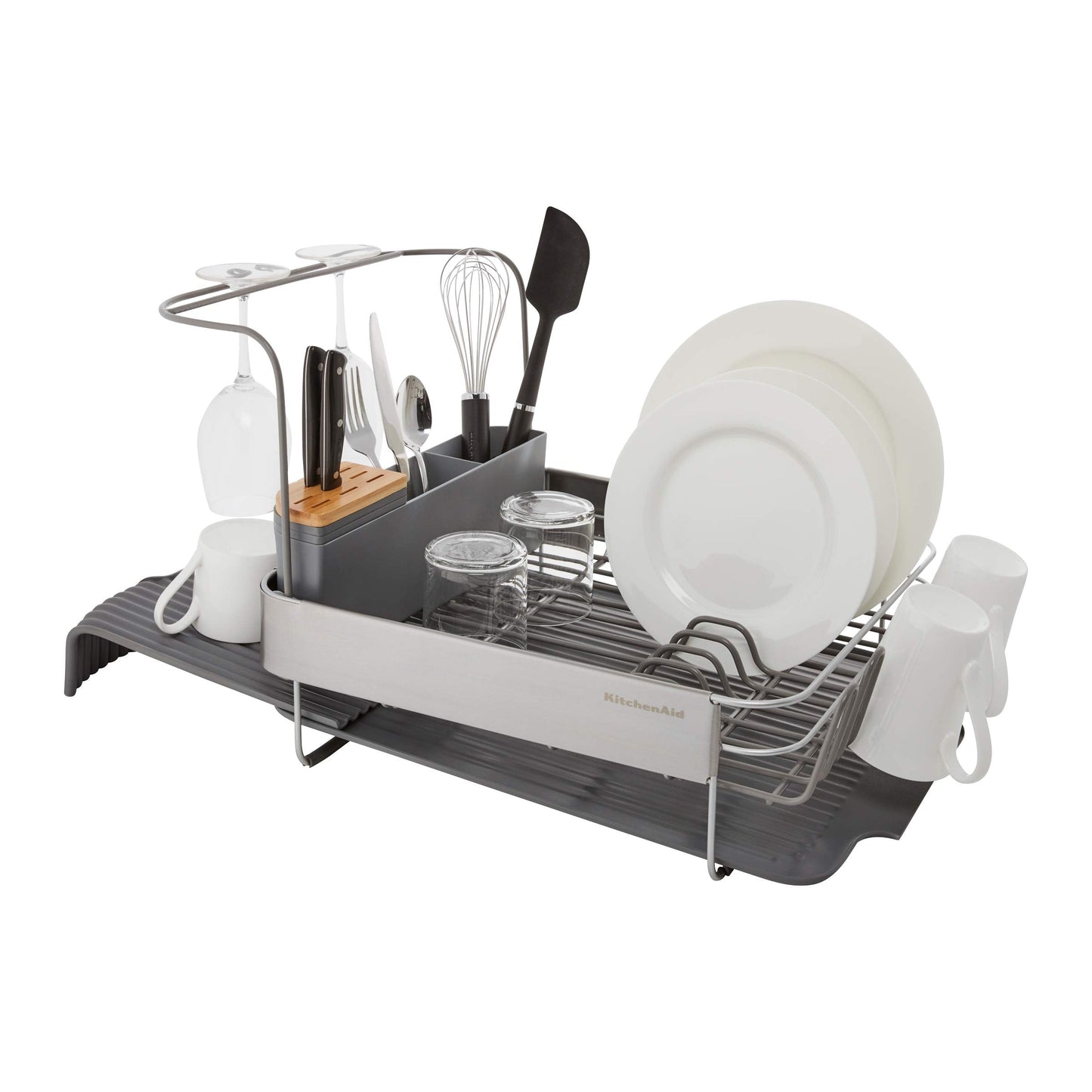 KitchenAid Compact to Full Size Expandable, Rust Resistant Satin Coated Dish Rack with Angled Self Draining Drain Board and Removable Flatware Caddy, 24-Inch, Charcoal