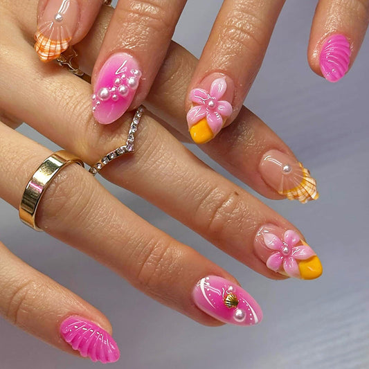 IMSOHOT Press on Nails Medium Almond Fake Nails Yellow Pink Gradient False Nails with 3D Flower Designs Full Cover Acrylic Gel Handmade Stick on Nails for Women Girls DIY Nail Manicure 24Pcs