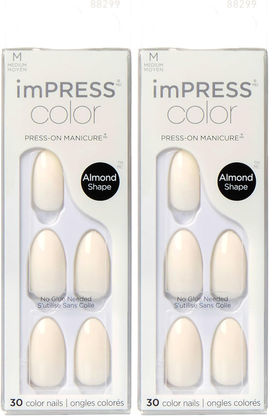KISS imPRESS Color Press-On Manicure Fake Nails, Ballroom - Short & Square, Solid White, Ready To Wear, Chip Proof, Smudge Proof, No Dry Time, Mini File & More | 30 Count (Pack of 2)