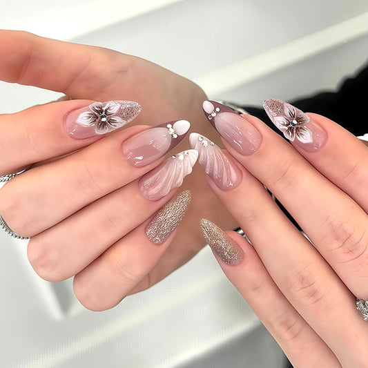 24Pcs Flower Press on Nails Medium Almond Fake Nails with 3D Rhinestone Design White French Tip False Nails Silver Glitter Full Cover Cute Floral Reusable Spring Summer Acrylic Glue on Nail for Women