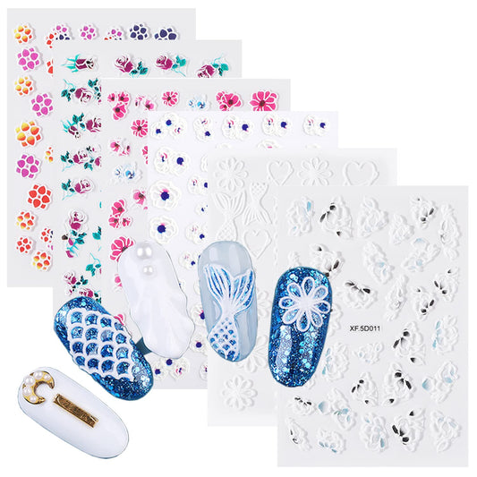 TBRZTR 5D Embossed Flower Nail Art Stickers, 6 Sheets, Self-Adhesive, Paper, Multi, for Women Girls Manicure Tips Charms Decoration