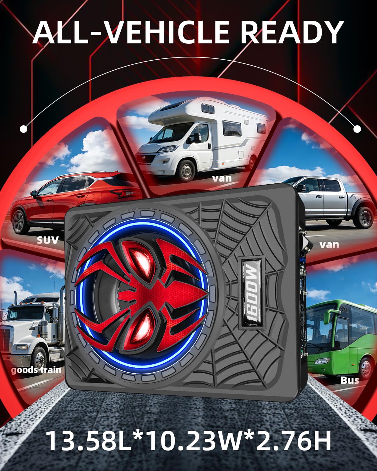 SUBPULSIX 1600W Slim Under seat Car Subwoofer and Amp Package, Powered Subwoofer with Built-in Class D Amplifier, Cast Aluminum Body, LED Ambient Light Switch, Deep Bass Subwoofer for Car, Truck, SUV