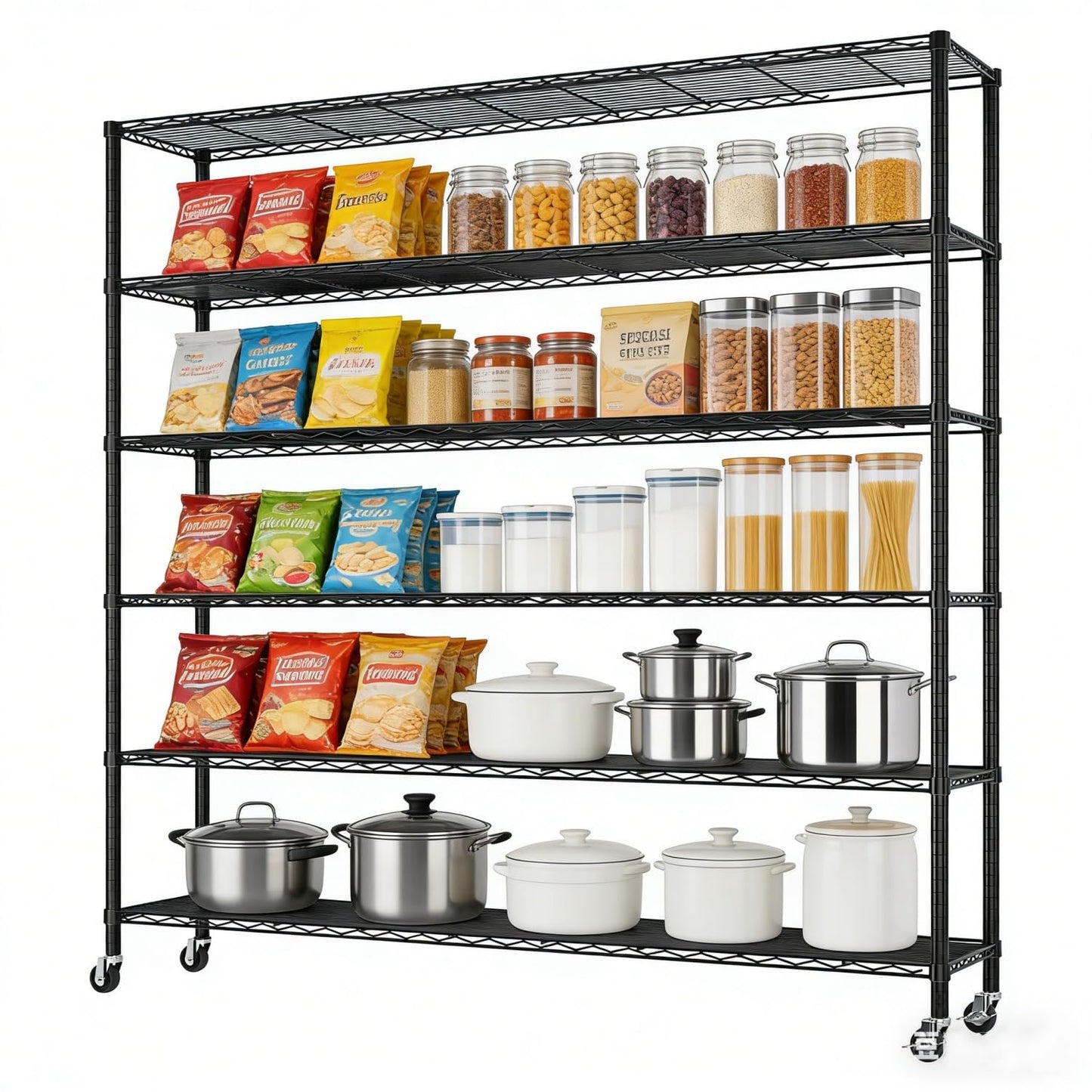 Flibaluly 150x45x213cm Industrial 6-Shelf Garage Storage Cabinet, Adjustable Utility Shelves with Casters, Powder-Coated Black Iron Heavy Duty Display Stand for Warehouse, Pantry, and Retail
