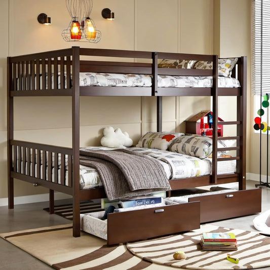 PVWIIK Full Over Full Wood Bunk Bed with 2 Drawers & Ladder for Adult Teenagers Kids Bedroom Dorm Guest Room,Convertible into 2 Full Beds Frame/Under Bed Space/No Box Spring Required,Espresso