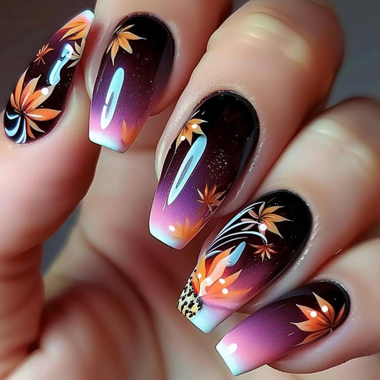 CJDLTS Autumn Press on Nails Medium Ballet Artificial Acrylic Fake Nails Gradient Maple Leaf Design Stick on Nail Full Cover Thanksgiving False Nail Artificial Fingernails for Women Festival Manicure