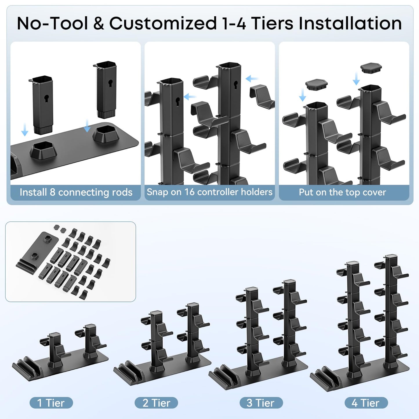 Headphone and Game Controller Desk Stand for PS5/ Xbox/ PS4 Controller, 4 Tiers Headset Hanger with Organizer for Switch 2/1/PS Portal Game Console, Multiple Controller Storage Dispay Rack-16 Hooks