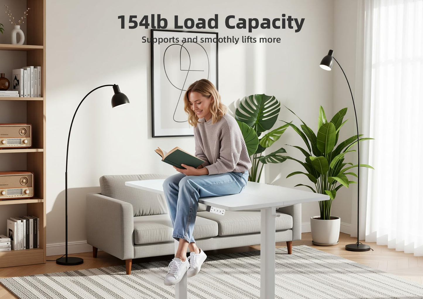 Seang Electric Height Adjustable Standing Desk, 55 x 24 Inch Sit-Stand Desk with T-Shaped Frame, 3 Memory Presets & Cable Management for Home Office Computer Workstation, White Frame/White Top