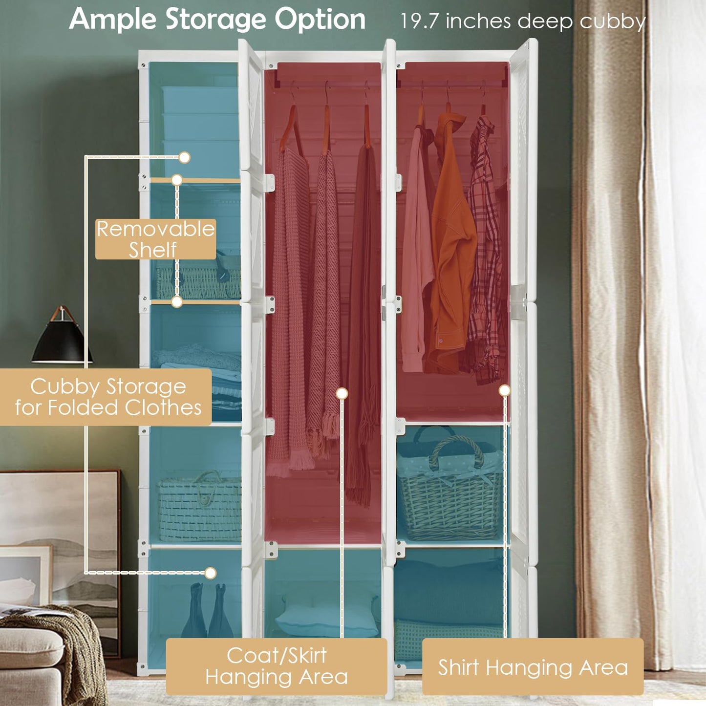 Tangkula Portable Closet Wardrobe, Foldable Clothes Organizer with Cubby Storage, Hanging Rods, Easy Assemble Clothing Storage with Magnet Doors, Folding Bedroom Armoire (10 Cubbies & 2 Rods)