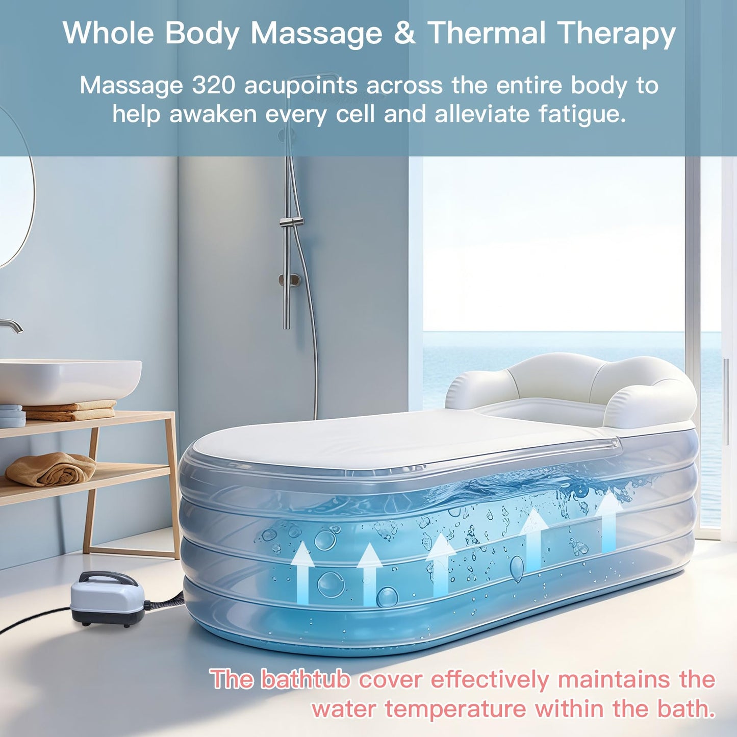 Inflatable Bathtub Bubble Massage Mat, Portable Adult Spa Bathtub, All-in-one Wavemaker and Air Pump, Adjustable Bubble Settings - Includes Remote Control, Inflatable Backrest and Atmosphere Lighting