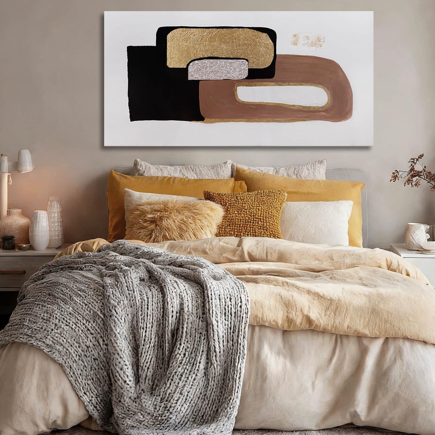 NBAODAN Minimalist Room Decor Black Brown and White Wall Art Modern Abstract Wall Decor Gold Foil Painting on Canvas Artwork for Living Room Bedroom 24x48 Inch