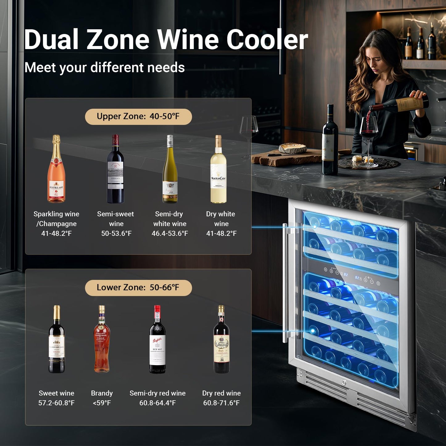 BODEGA 24 Inch Dual Zone Wine Fridge, 46 Bottle, Black 24” Wine Cooler Under Counter For Home and Kitchen, With Double-Layer Glass Door, Wine Refrigerators Free standing with Temperature Control.
