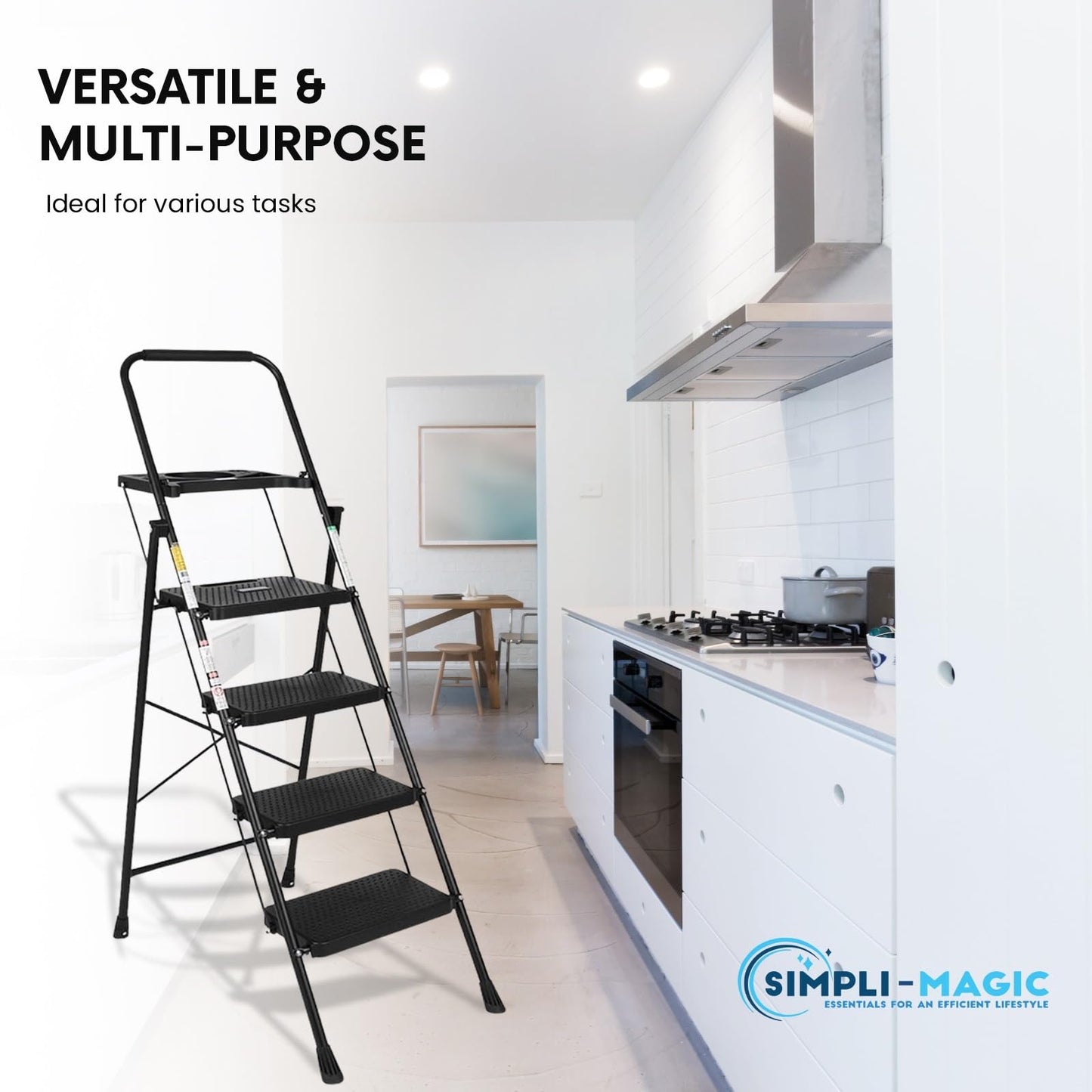 Simpli-Magic 4-Step Ladder, 800 LBS Capacity Folding Step Stool – Anti-Slip Wide Steps & Handgrip – ANSI Certified Lightweight & Durable Steel Stepping Stool for Kitchen, Home, Office & Garage