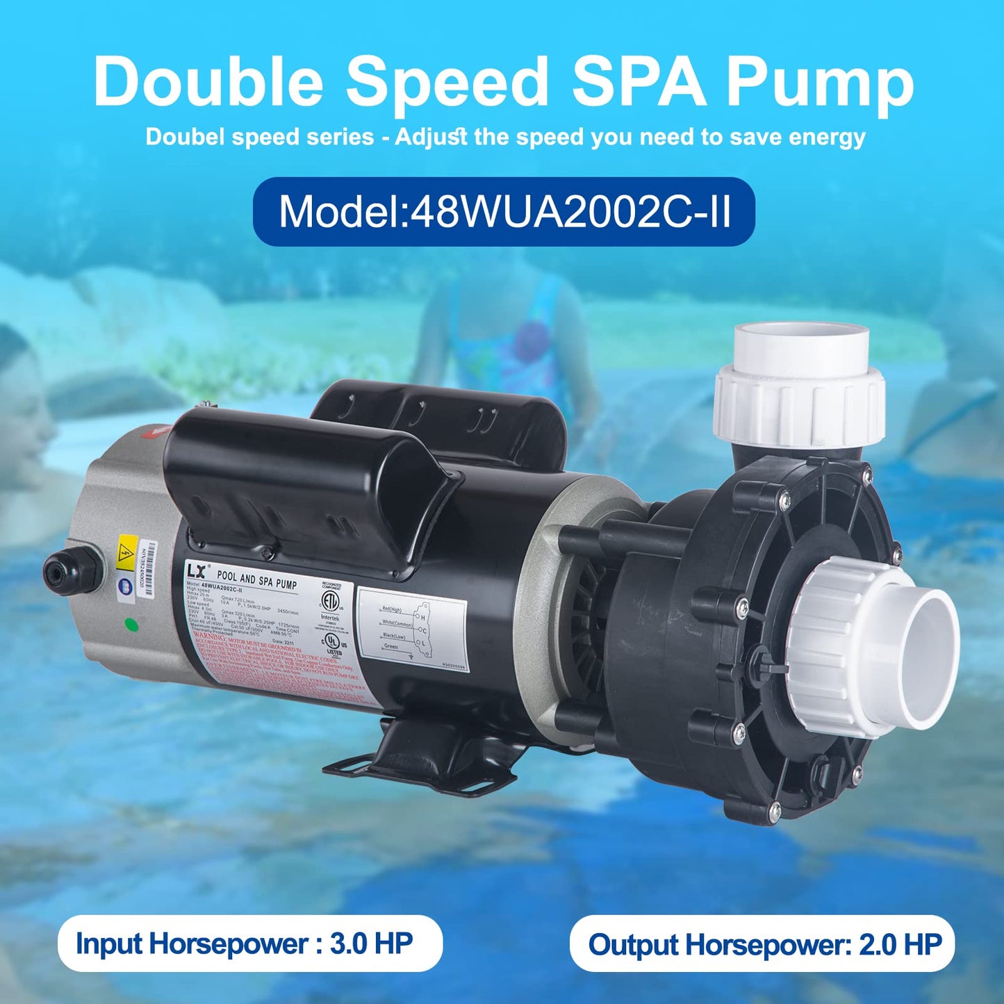 LINGXIAO SPA Pump, 3HP Hot Tub Pump - 2 Speed LX SPA Motor 230V/ 60HZ, 2" Port, 48 Frame(Y) - (Model: 48WUA2002C-II)
