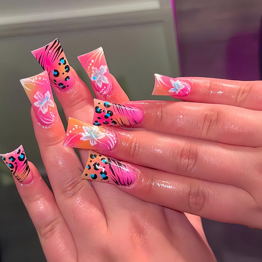 IMSOHOT Pink Press on Nails Medium Duck Fake Nails Glossy Glue on Nails with Flower & Leopard Print Designs Full Cover Summer Acrylic Duckbill False Nails for Women Girls Manicure Decoration