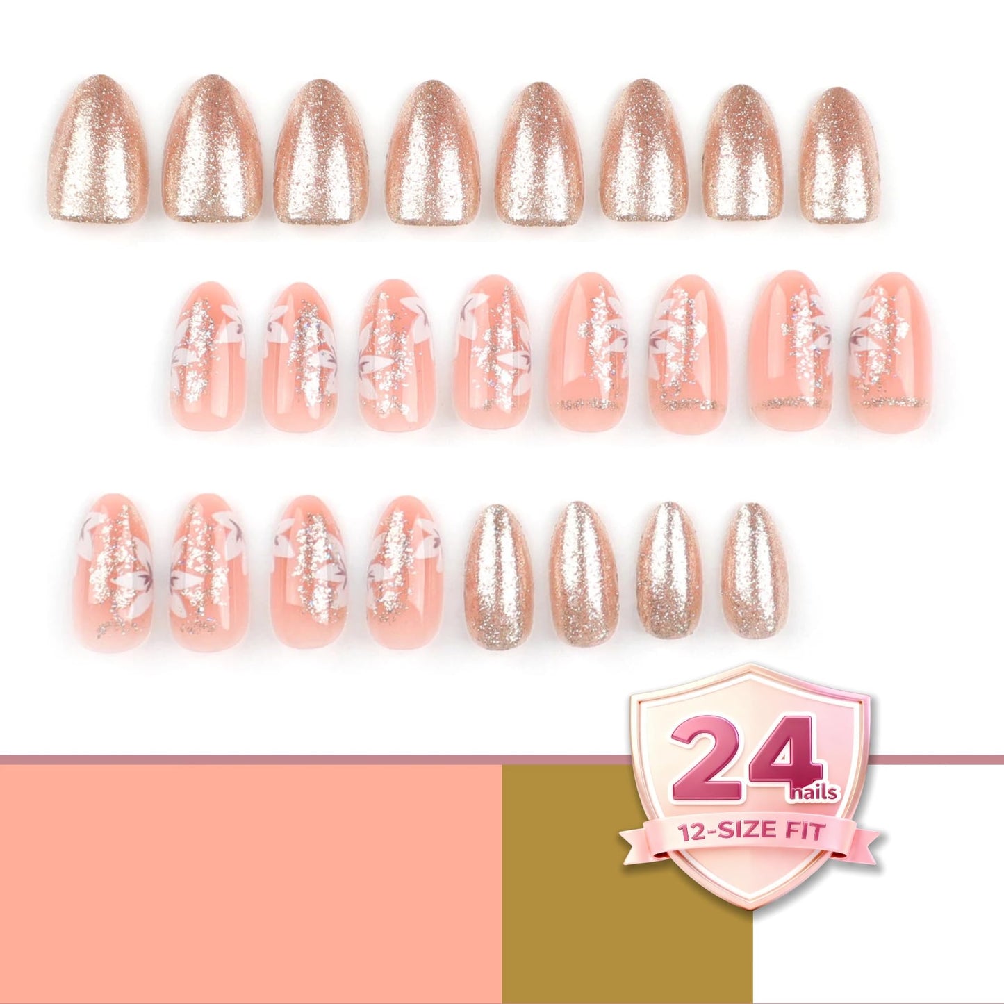 Taoyisent Glitter Ombre Press On Nails Almond Glossy, Pink Floral Fake Nails with Rose Gold Sparkle Design, Reusable Full Cover Stick On Nails for Women Party Wedding Daily Wear, 24PCS
