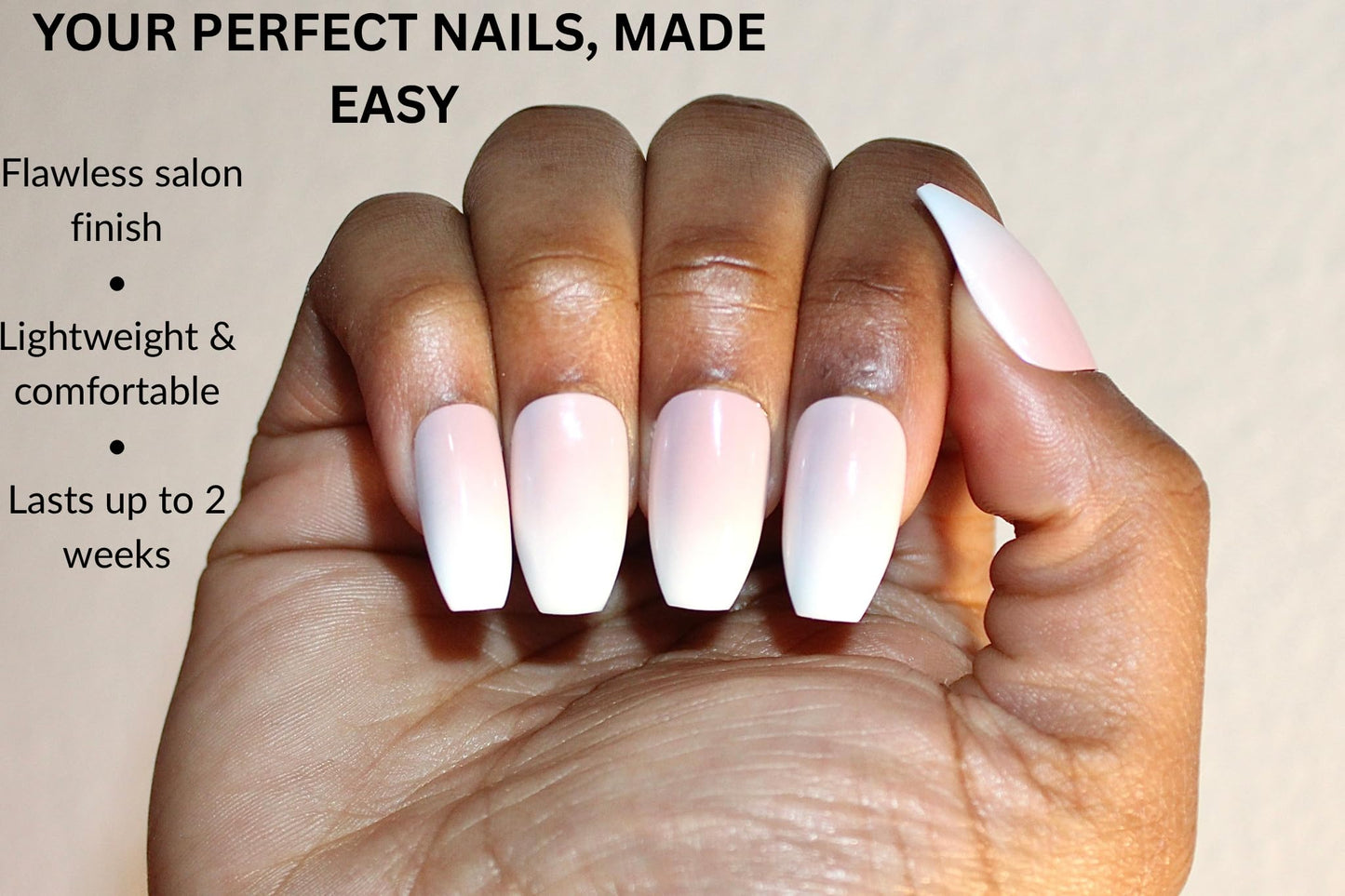 The Beauty Palace Fade Pink White Ombre Coffin Press On Nails – 24pcs Long Glossy Fake Nails with Glue, Adhesive Tabs, Nail File, Cuticle Pusher & Alcohol Pad