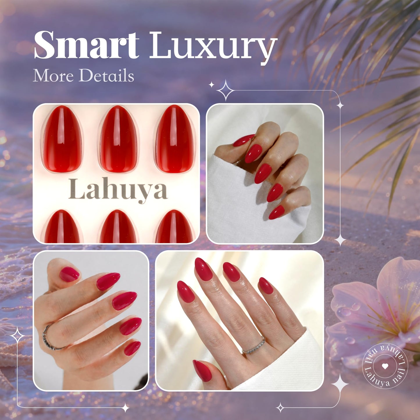 LAHUYA Press On Nails – Sunlit Cherry | Nail Artist Designed Short Almond Fake Nails with Bright Cherry Red Glossy Finish, Reusable Press On Nails in 15 Sizes – 30 Nails Kit with Glue