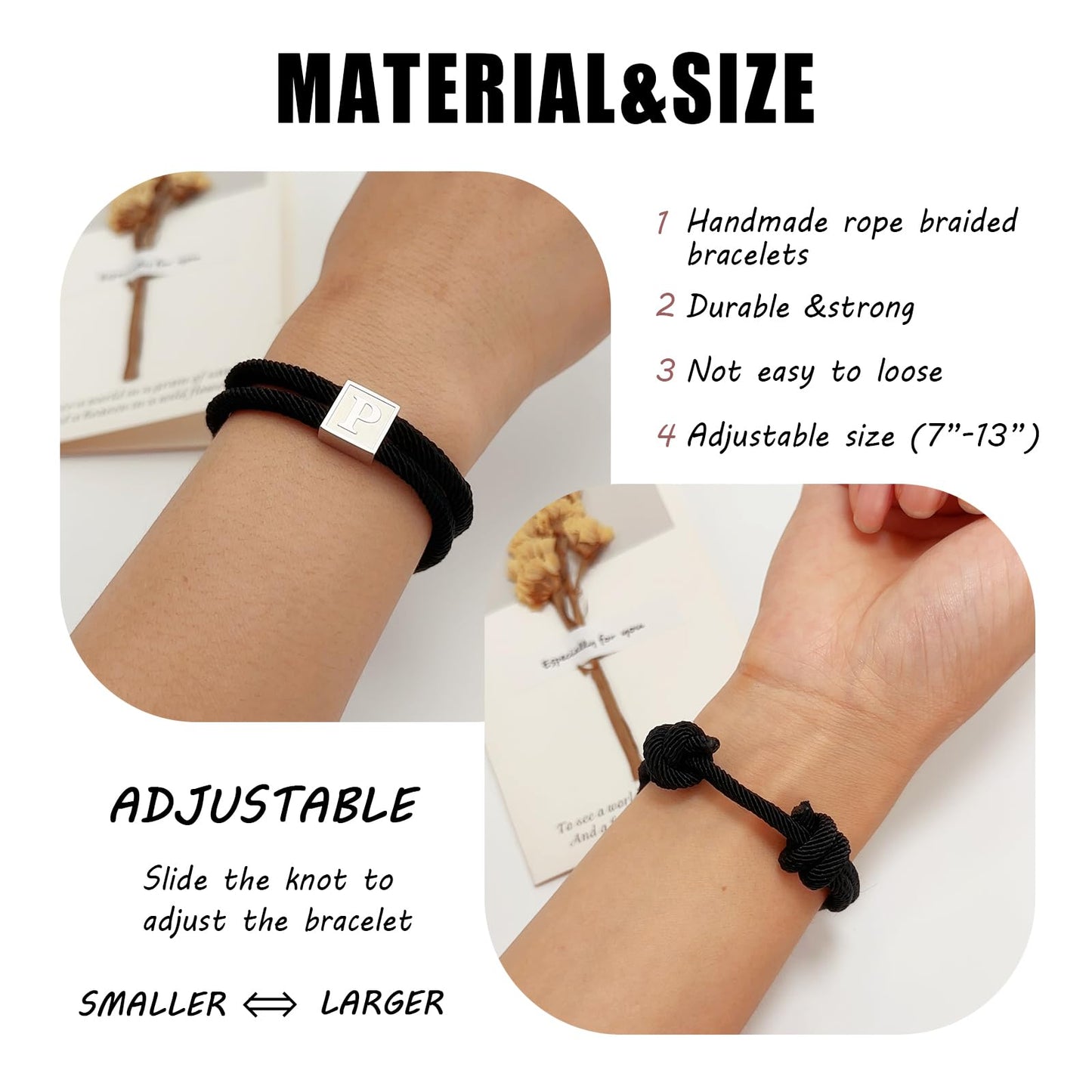 BHDJSHX Personalized Initial Rope Bracelet for Men, Stainless Steel A-Z Letter Bracelet,Adjustable Handmade Braided Black Cord,7-13 Inches,Gifts For Men,Brothers,Son,Boyfriend(V)