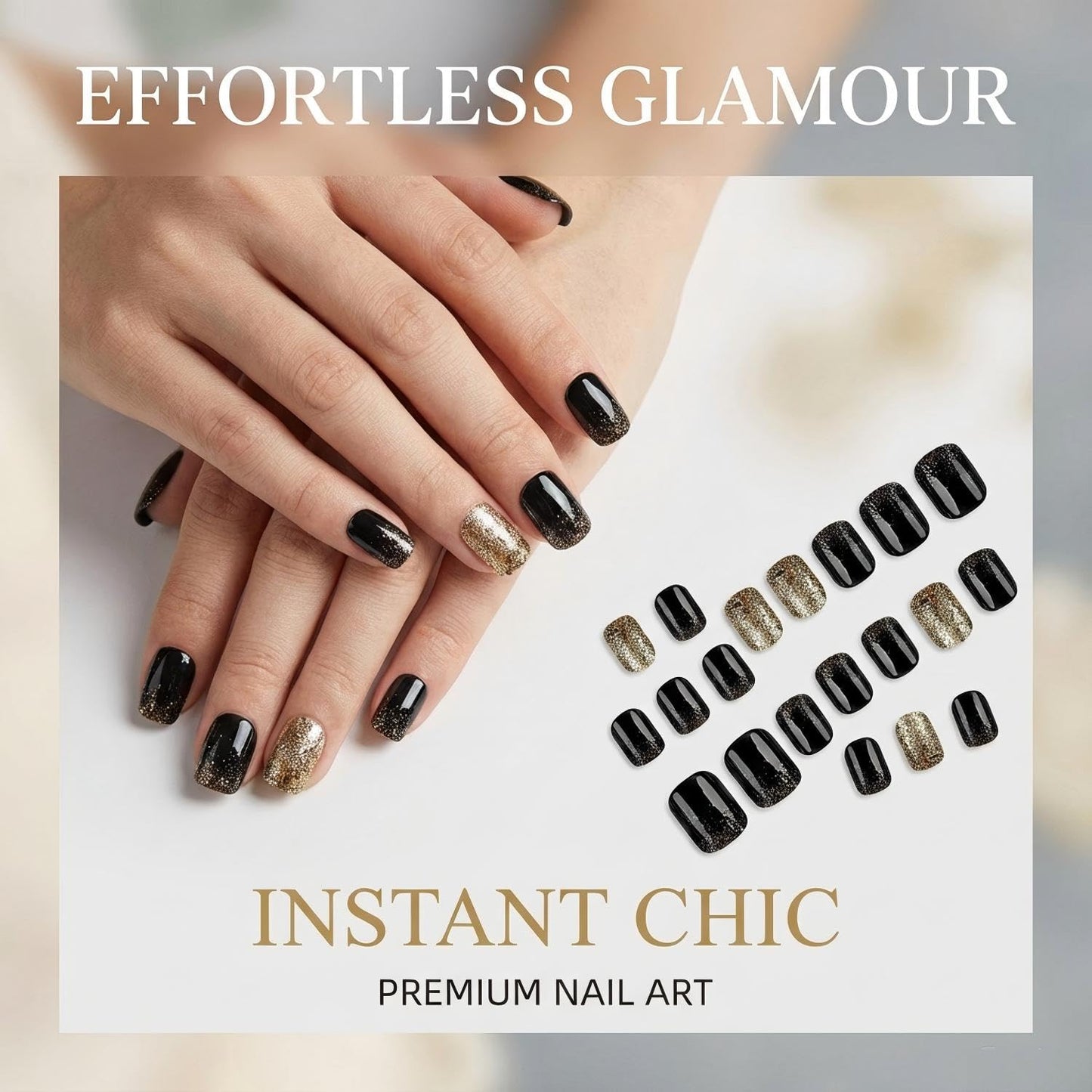 Taoyisent Black and Gold Glitter Press On Nails, Elegant Square False Nails with Sparkly Gradient Design, Easy to Apply Press On Nail Kit for Women, 24 Pcs