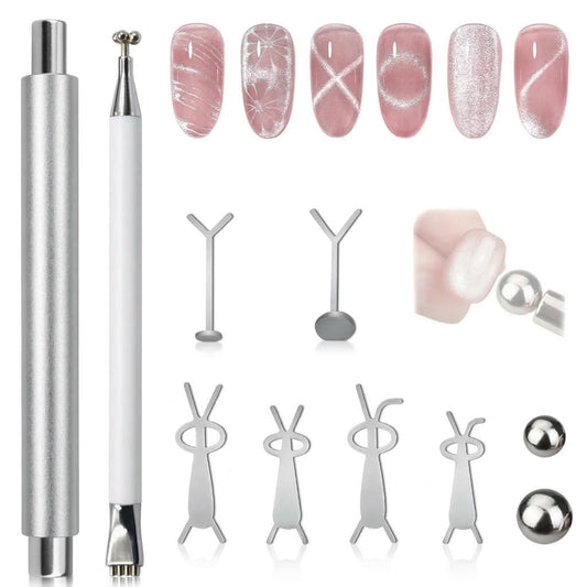 Plman Cat Eye Magnet Set - Nail Magnet for Cat Eye Gel Nail Polish, Professional Nail Salon Tool for Beginners & DIY at Home (Double-Head Set-Silver)